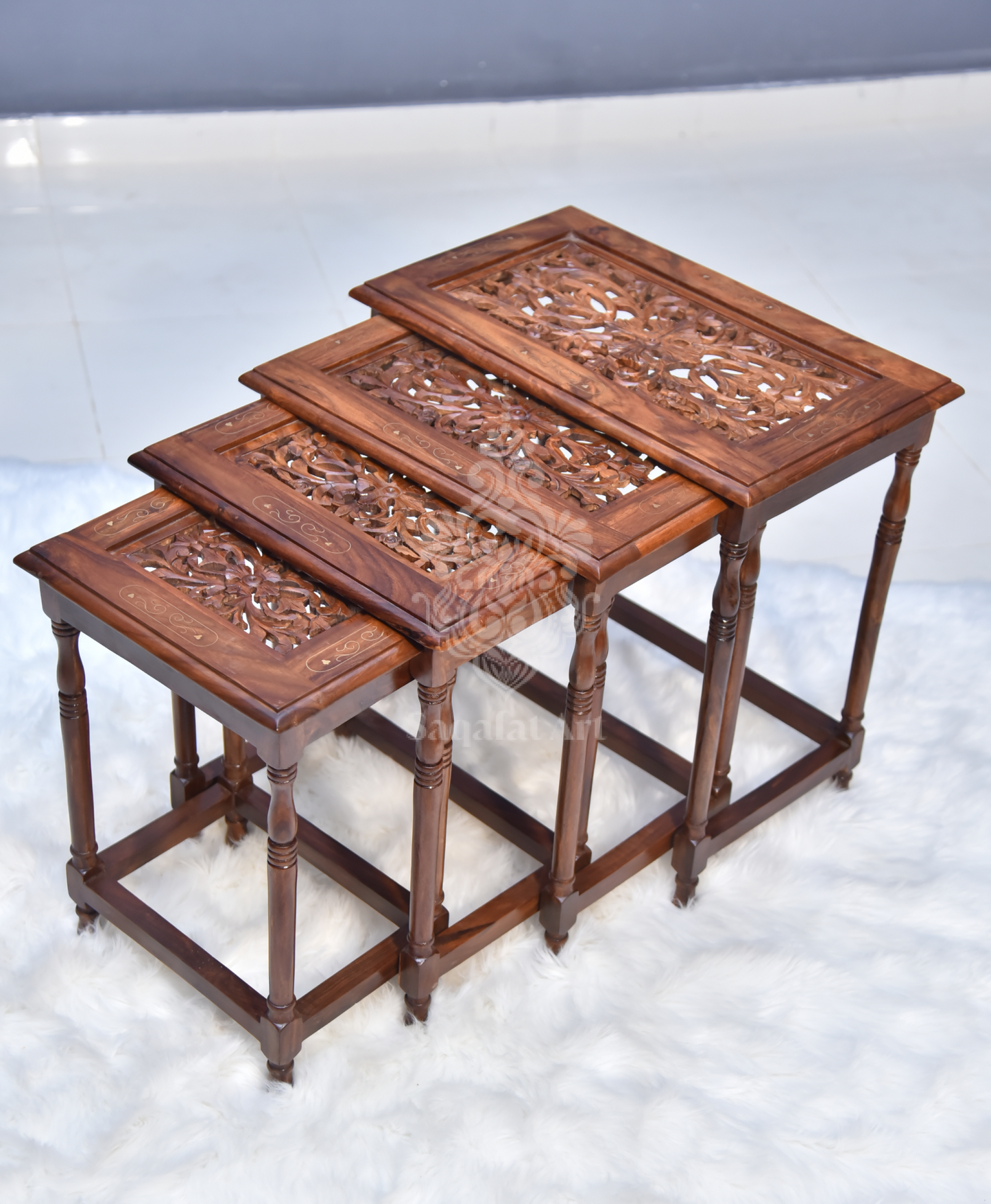 Wooden Darbare Mesh Nesting Table Set Of 4