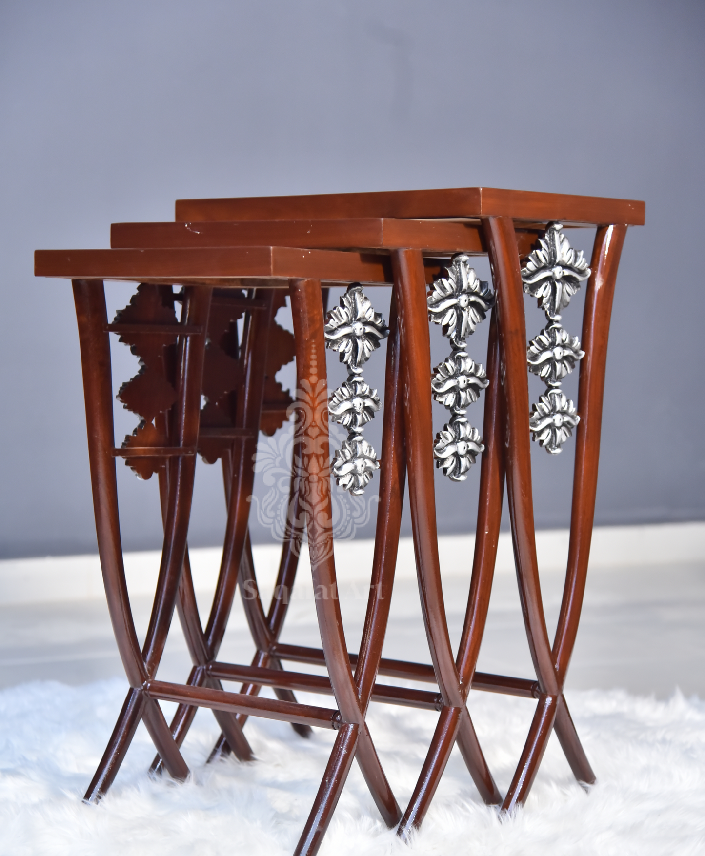 Wooden Eclectic Nesting Tables set silver