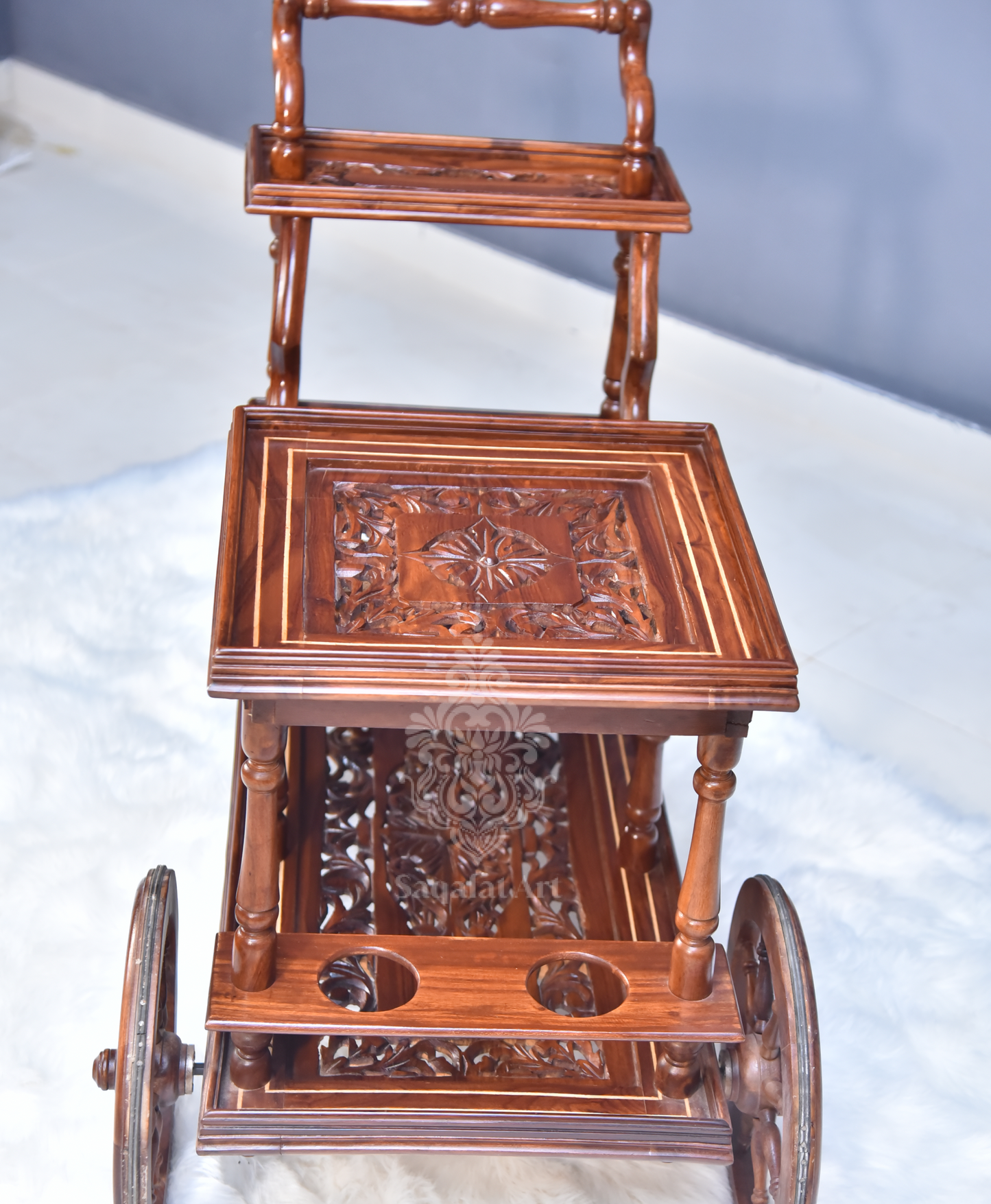 Solid Wooden Mesh Multi step Tier Rectangular Tea Trolley