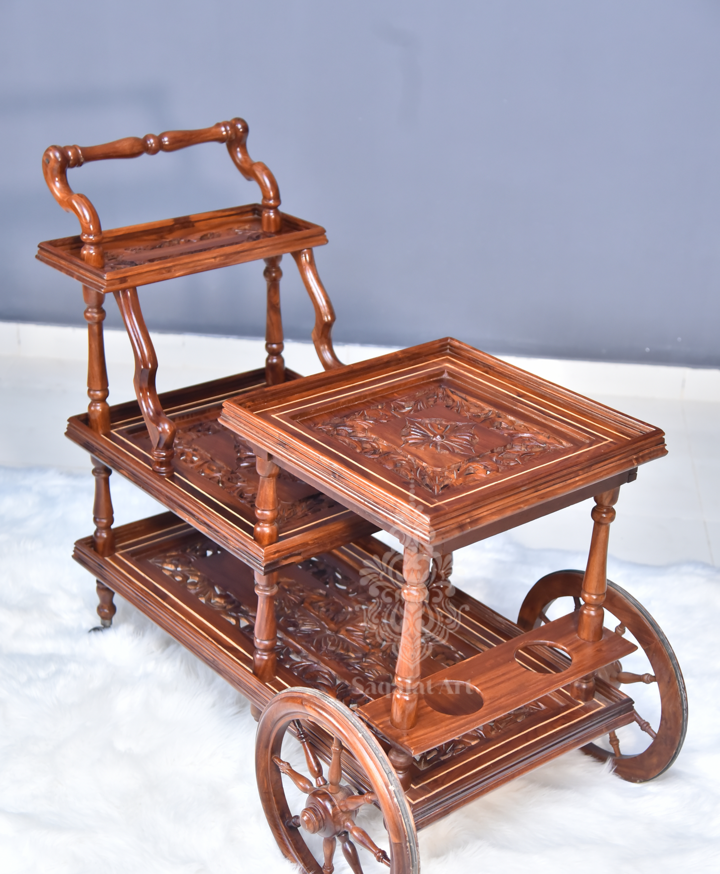 Solid Wooden Mesh Multi step Tier Rectangular Tea Trolley