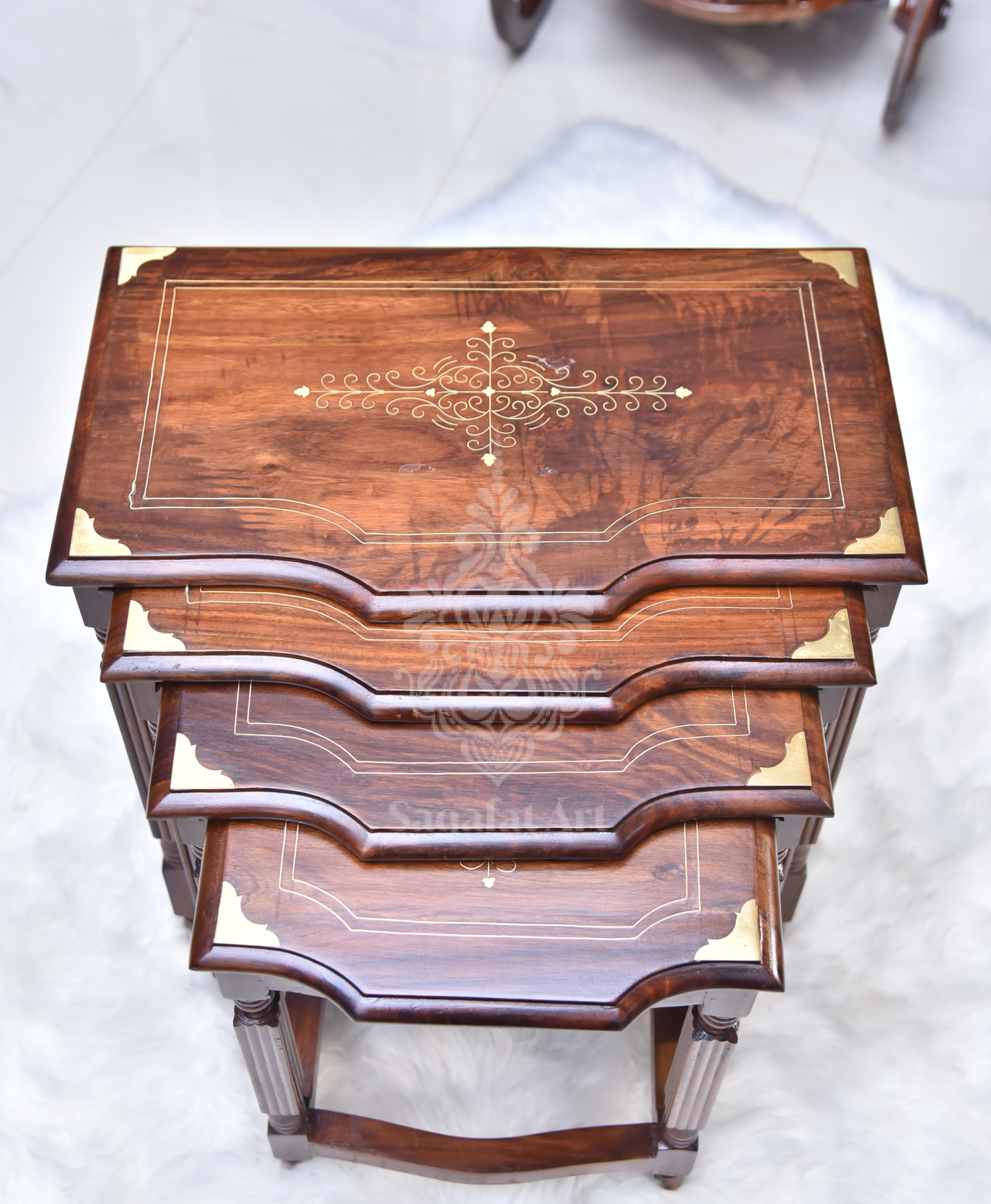 Sheesham Wood Brass Nesting Table Set of 4