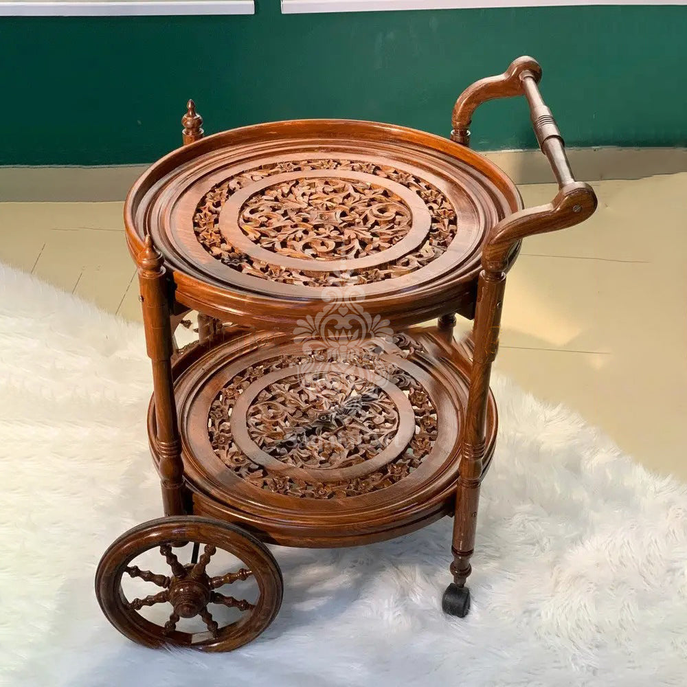 Solid Wood Mesh Round Tea Trolley