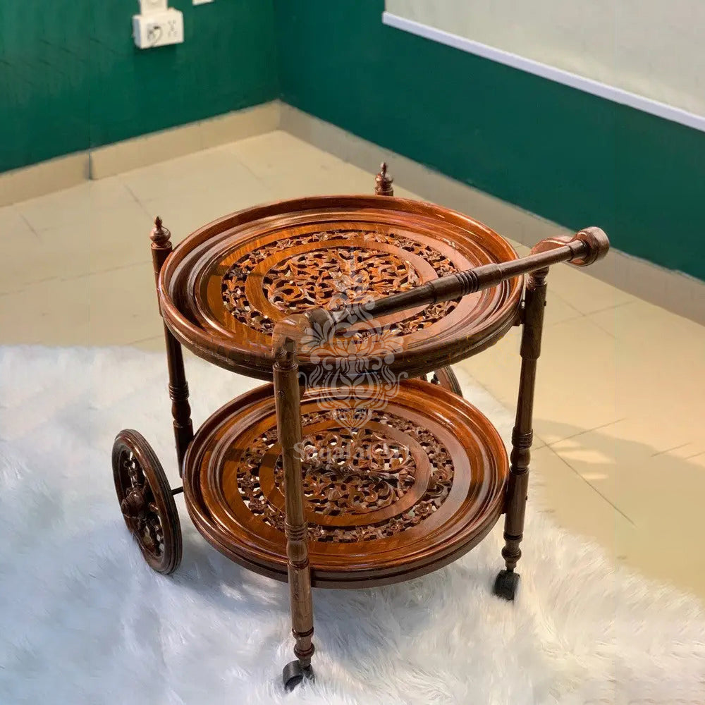 Solid Wood Mesh Round Tea Trolley