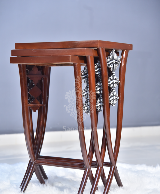 Wooden Eclectic Nesting Tables set silver