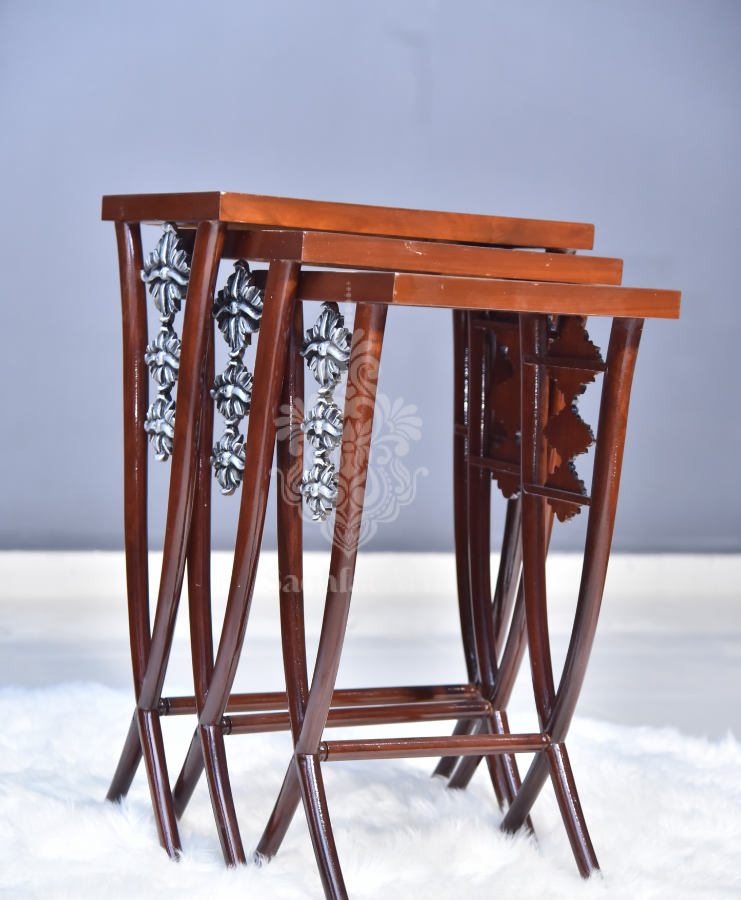 Wooden Eclectic Nesting Tables set silver