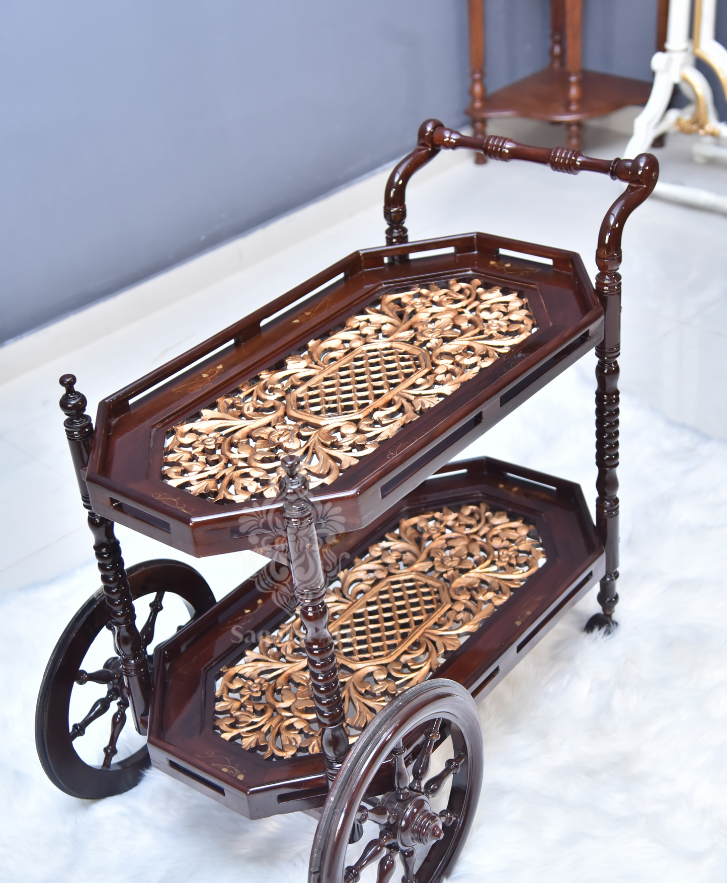 Maharaj Hand Carved Tea Trolley