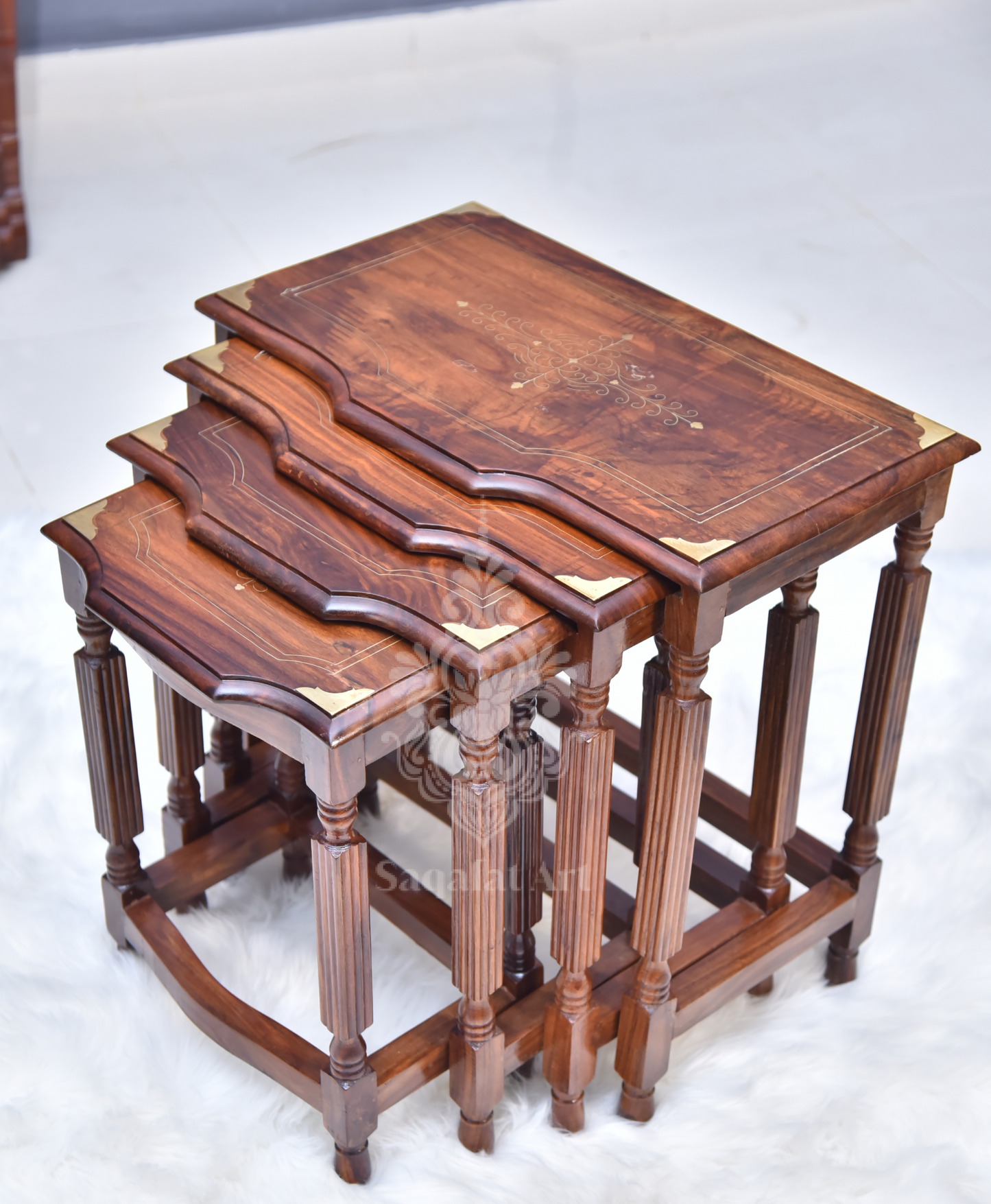 Sheesham Wood Brass Nesting Table Set of 4