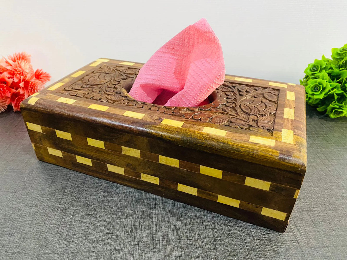 Wooden Tissue Box - Check Border