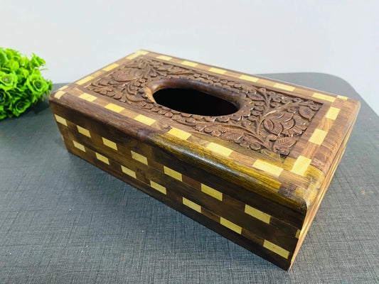 Wooden Tissue Box - Check Border