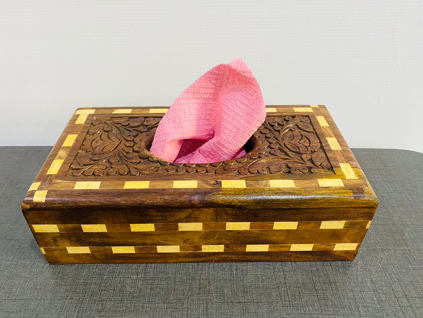 Wooden Tissue Box - Check Border