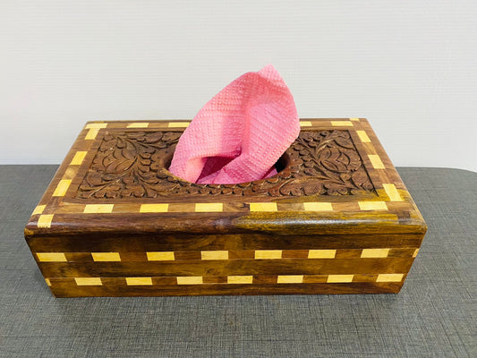 Wooden Tissue Box - Check Border